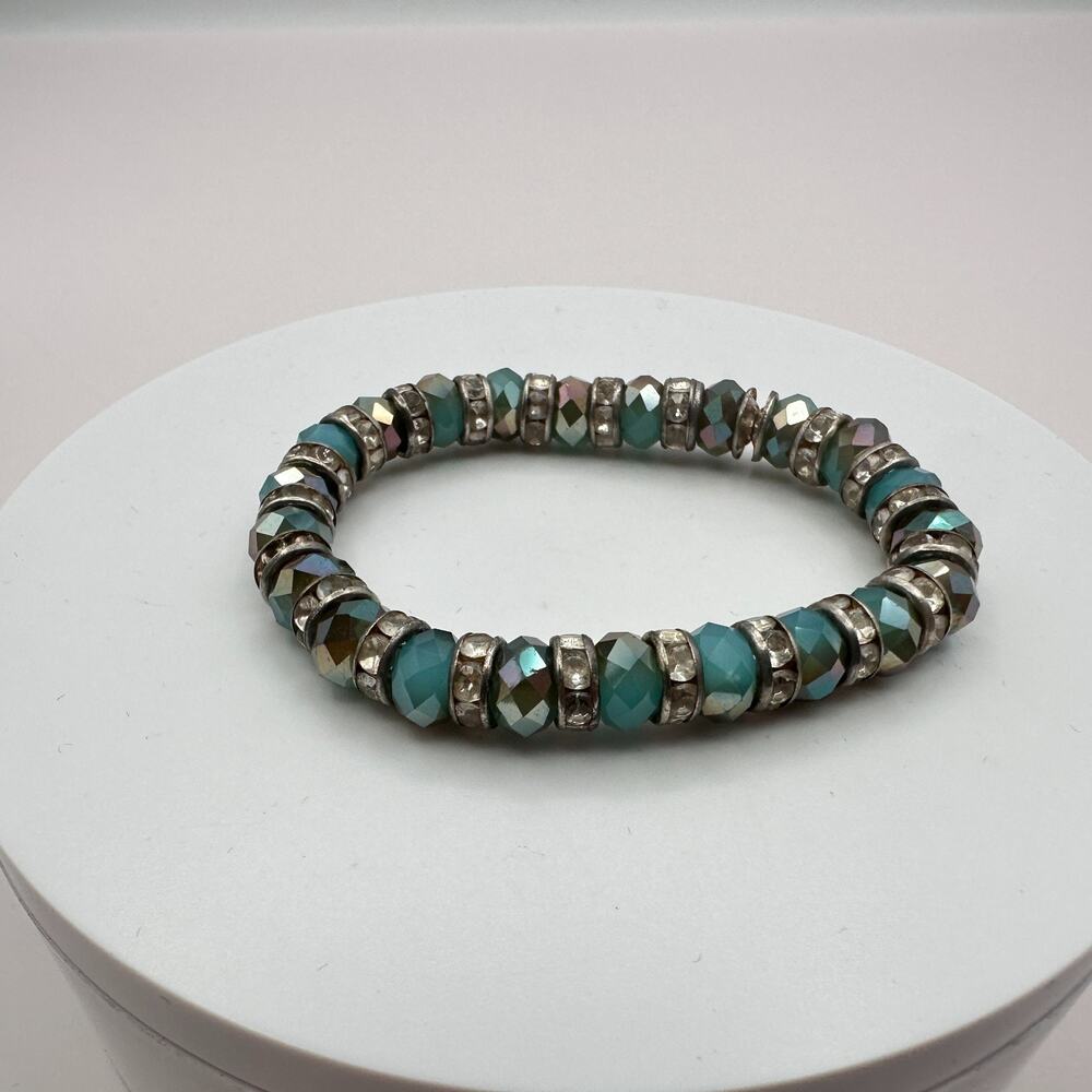 Vintage 90s Y2K Teal Blue Glass Beaded Stretch Bracelet Women's Fashion Jewelry